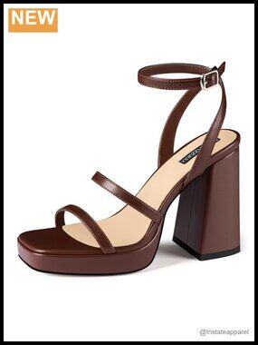 Platform Chunky Block Heel Sandals - Square Open Toe, Two Strap, 4" Heel,